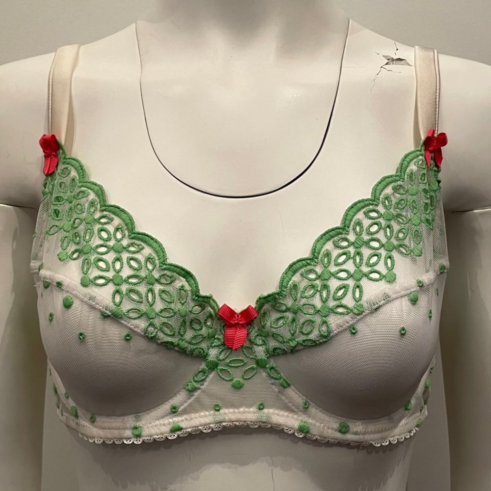 BNWT Mimi Holiday Lets Dance Plunge Bra White Green Pink Bow 34D